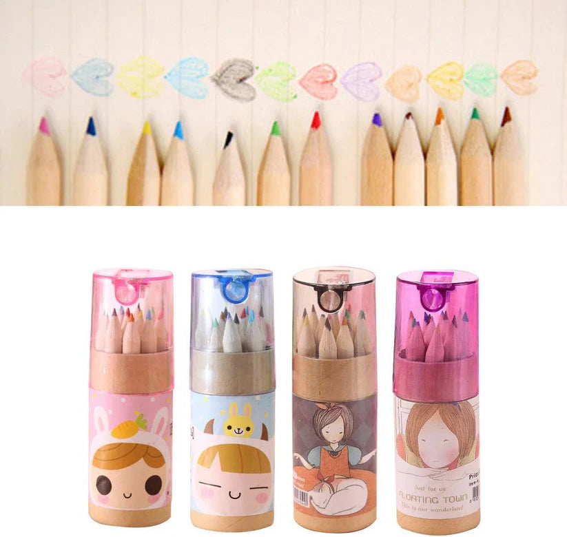 12 Mini Colouring Pencils with Sharpener, Kids Drawing Set for School & Sketching