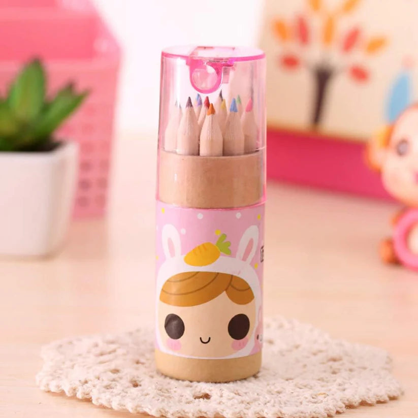12 Mini Colouring Pencils with Sharpener, Kids Drawing Set for School & Sketching