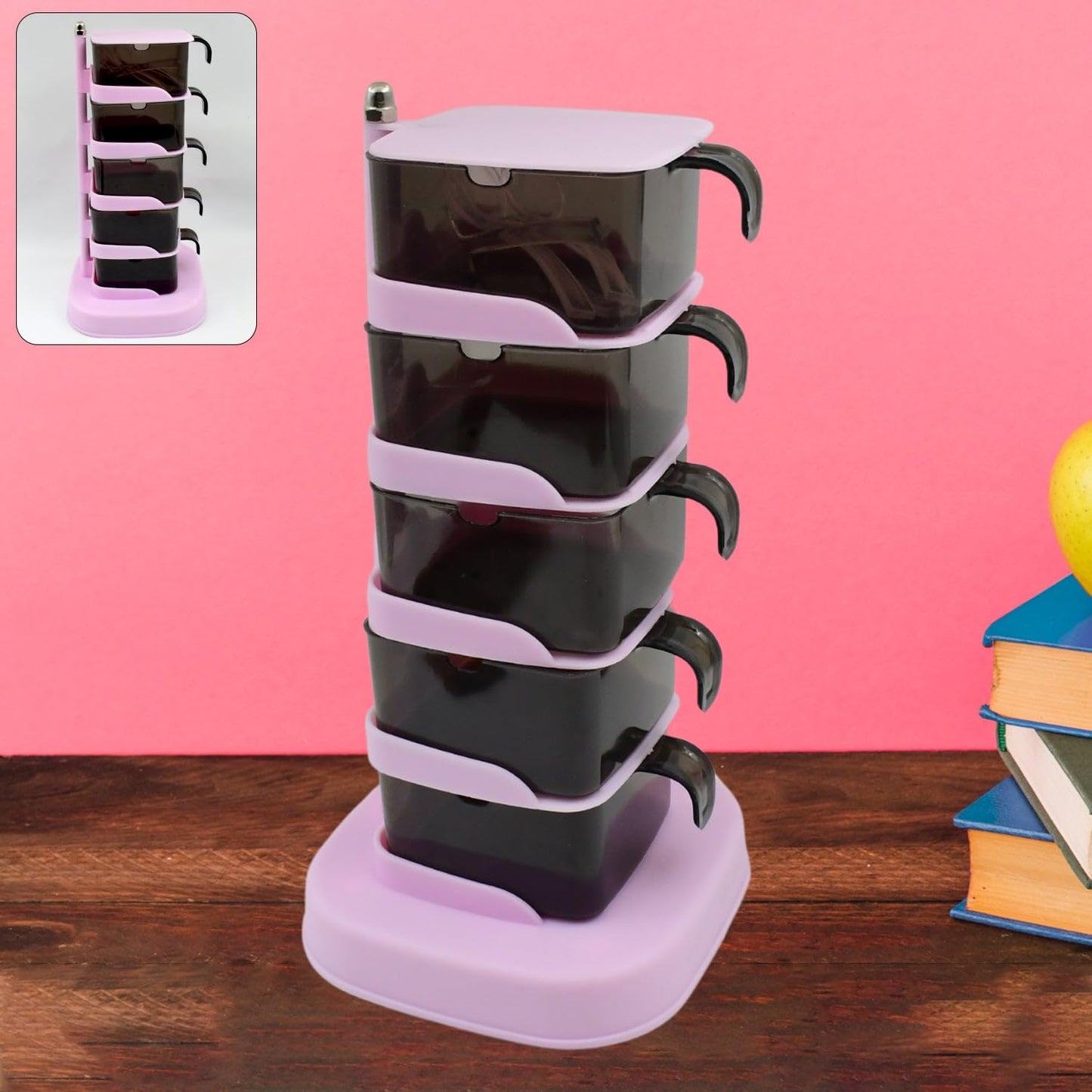 5-Tier Rotating Spice Jar Set with Spoons – Vertical Kitchen Seasoning Storage Organizer (360° Rotatable)