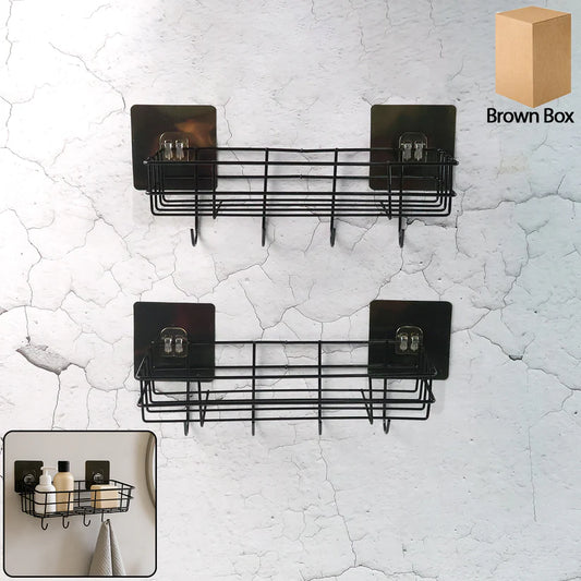 Heavy-Duty Self-Adhesive Wall Storage Baskets with Hooks (Pack of 2)
